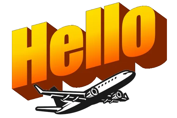 At the top of the page is an image of the word "Hello" - written in old nineteen-nineties word art style. Underneath this word is and image of an airplane.